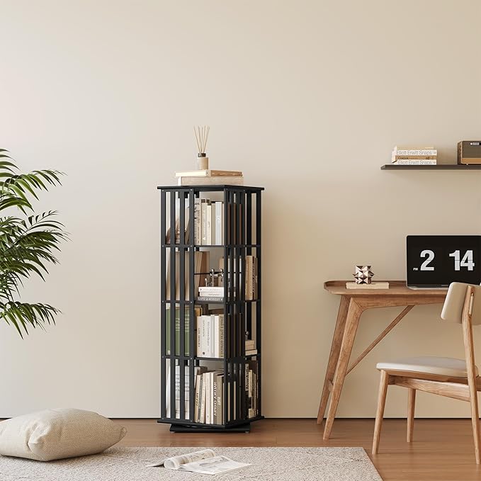 YOWOS Rotating Bookshelf Tower, 360 Display Spinning Bookcase, Bamboo Bookshelf Floor Standing Storage Rack, Wood Narrow Book Shelf Organizer for Kids&Adults (Black, 4 Tier)
