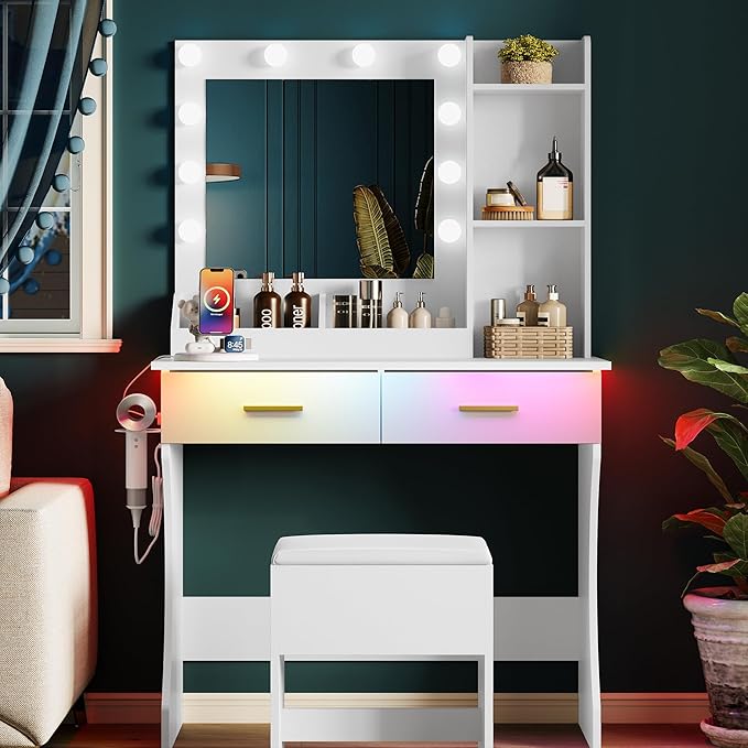 Makeup Vanity Desk with Mirror and Lights, Small Makeup Vanity Table Set with Drawers, Power Outlet & Storage Stool, White Vanity with 3 Lighting Modes LED for Women Girls Bedroom
