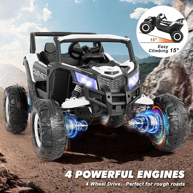4WD Ride On Car, JOYLDIAS12V Battery Powered Electric Off-Road UTV for Kids, 4X4 Electric Vehicle with 4 Powerful Engines, 2.4G Remote Control, Music, Bluetooth, LED Lights for Boys and Girls, White