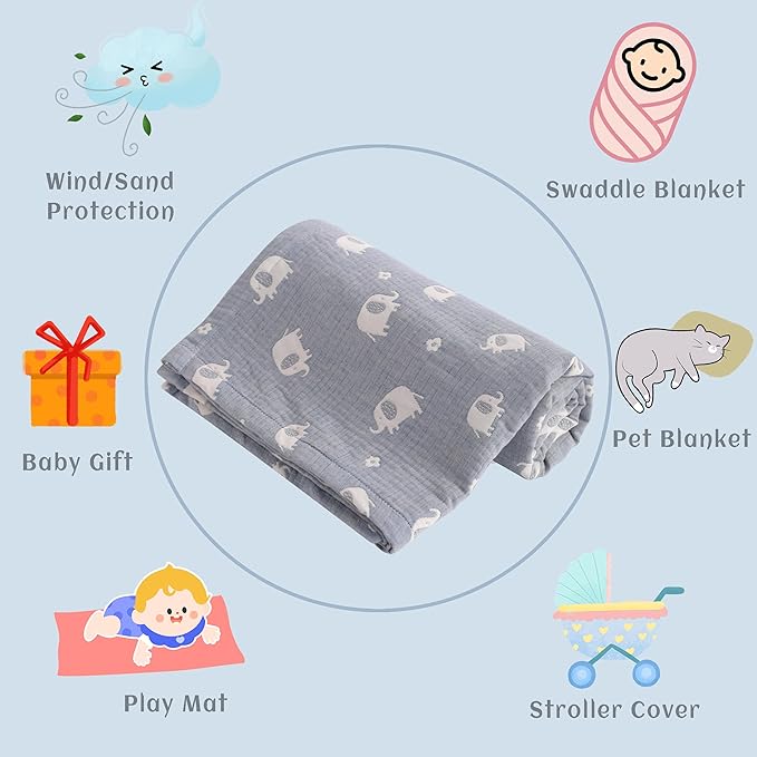 NTBAY 3 Layer Muslin Cotton Toddler Blanket, Jacquard Reversible Nursery Bed Blanket, Super Soft and Thermal for All Seasons, Decoration Gift, 30"x40", Blue Elephant