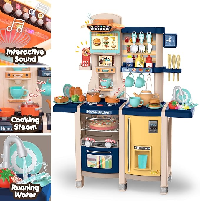 Kids Kitchen Play Set，Interactive Kids Kitchen Play Set with 65Pcs of Pretend Kitchen Toys，Realistic Sound Effects，and Simulated Functionality - Suitable for Toddlers Aged 2-12 Years (Blue)