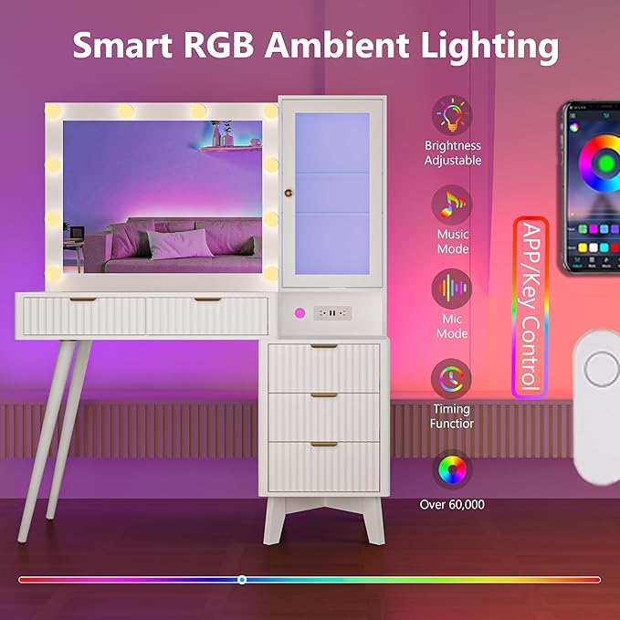 Makeup Vanity Desk with Mirror and Lights, 45" Fluted Wood Vanity Desk with Glass Top, 5 Drawers & RGB Glass Cabinet, Power Outlet, Mid Century Modern Dressing Table Set for Women Girls Bedroom