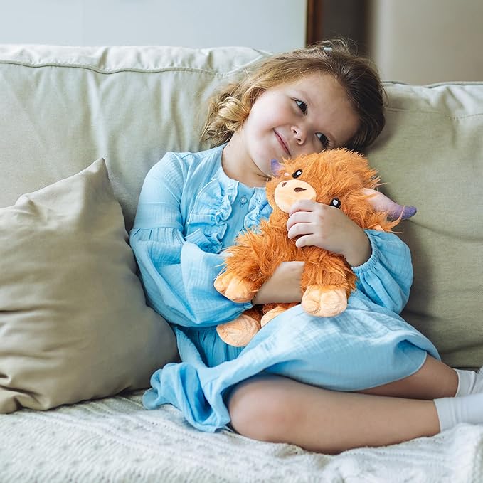 Happy Fuel Highland Cow Microwavable 1.5lbs Unscented Heating Pad for Women & Kids- Cute Soft Cozy Pillow Plush Heatable Warm Stuffed Animals- Kawaii Hot & Cold Plushie Toy- Cow Gifts for Girls & Boys