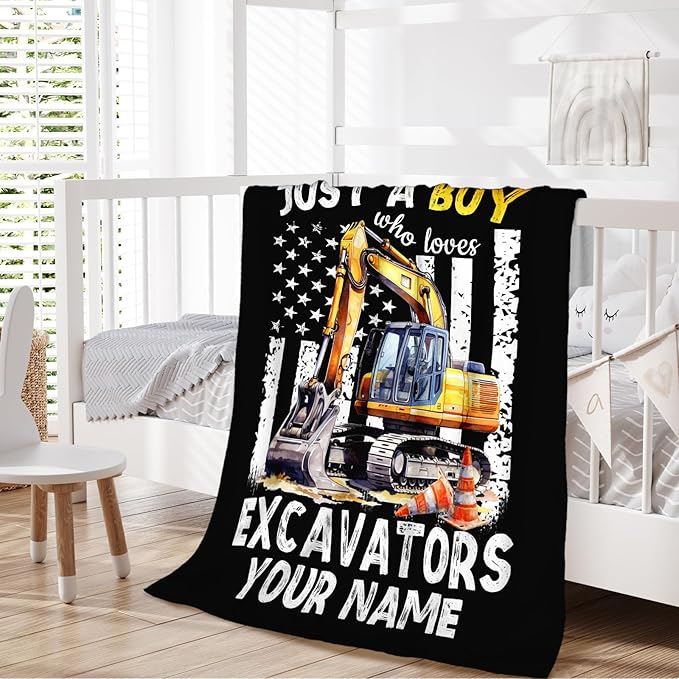 Personalized Excavator Blanket Gifts for Boys, Cute Car Throw Blanket for Kids Teens Construction Truck Lovers, Custom 40x50 Inches Black Soft Blankets for Sofa Couch Bed