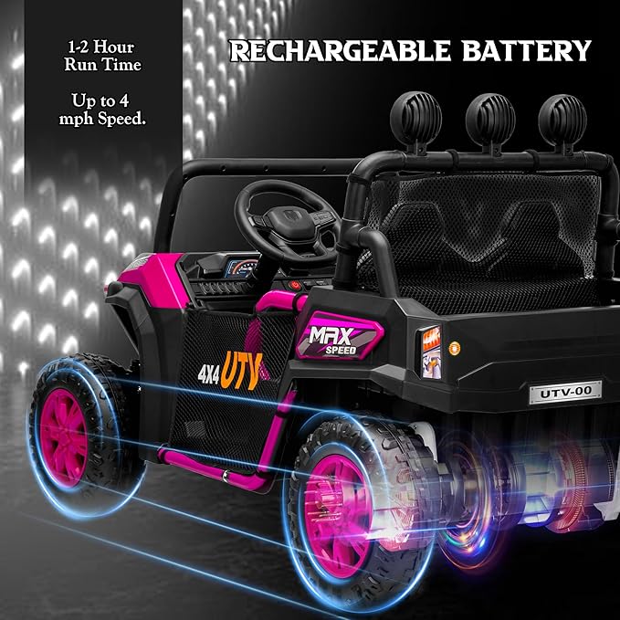 24V 2 Seater Ride on UTV Car, 4WD Ride on Toys for Kids with Remote Control, Shock Absorbers, LED Lights, Music, Off-Road Electric Car for Kids Boys Girls (Pink)