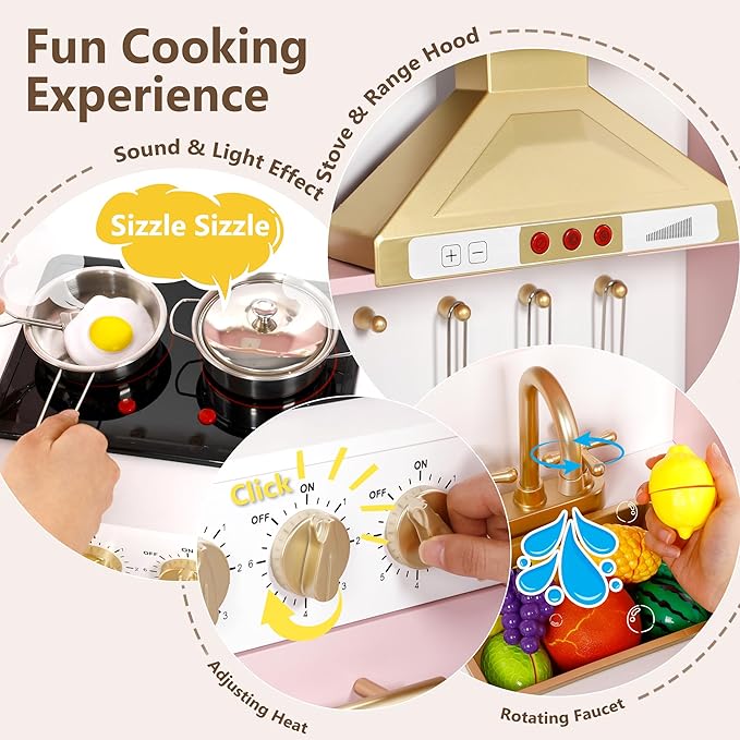 Kinder King Wooden Kids Play Kitchen, Toy Kitchen Playset for Toddler, Play Kitchen Set w/Real Sounds, Pretend Coffee Machine, Kitchen Hood, Sink, Ice Maker, Gift for Boys Girls Age 3+, Pink