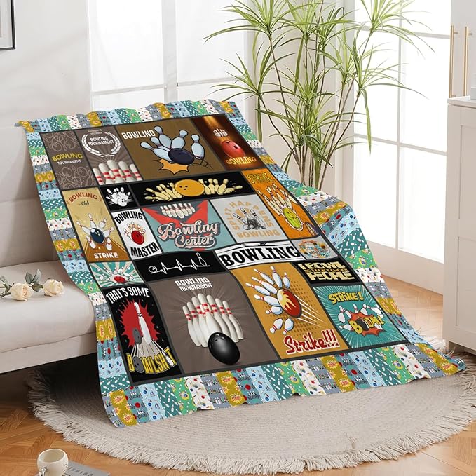 Bowling Blanket Bowling Throw Blanket Gifts for Bowling Lovers Kids Girls Boys Adults Women Men Super Soft Cozy Plush Fluffy Fuzzy Fleece Blanket Decor 60''X80''