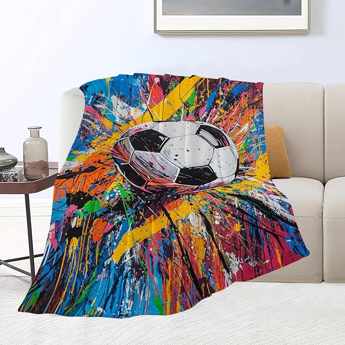 Graffiti Soccer Blanket Banksy Sport Throw Blankets Gifts for Girls Boys Kids Soccer Lover Soft Cozy Fleece Plush for Couch Sofa Bed 80"x60"