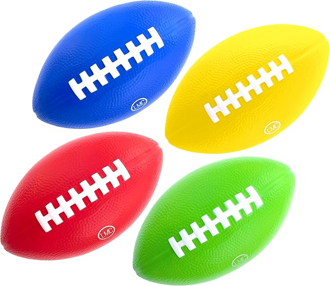 Kids Football 4 Pack - 7.25” Foam Footballs - Soft, Small Football - Colorful Mini Ball for Kids - Includes Green, Yellow, Blue, and Red
