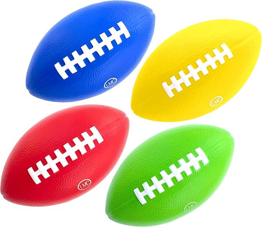 Kids Football 4 Pack - 7.25” Foam Footballs - Soft, Small Football - Colorful Mini Ball for Kids - Includes Green, Yellow, Blue, and Red