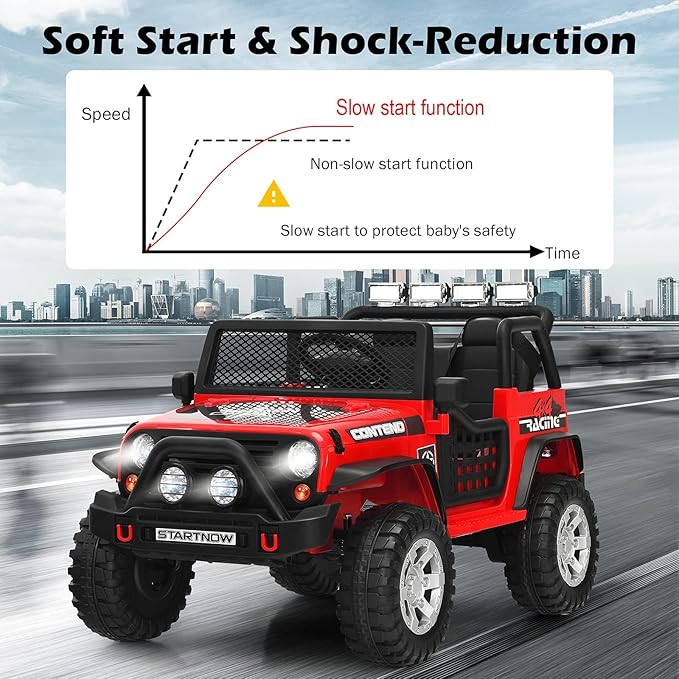 Costzon 2-Seater Ride on Truck, 12V Battery Powered Electric Vehicle w/Remote Control, 2 Speeds, Spring Suspension, LED Light, Horn, Music/ MP3, 2 Doors Open, Ride on Car for Kids (Red)