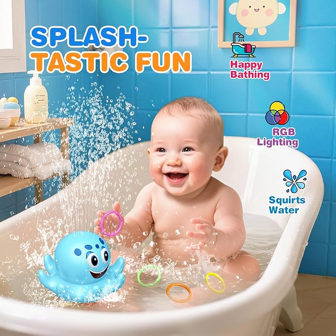 Octopus Bath Toys for Toddlers| Rechargeable Automatic Sprinkler Water Toys with LED Lights & 4 Toss Rings,150 Mins Battery Life,Baby Toys for 6-12 12-18 Months Gifts for Boys Girls 1-5 Years Old