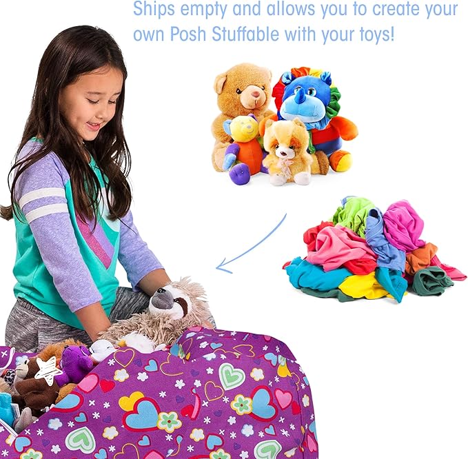 Posh Creations Stuffable Kids Stuffed Animal Storage Bean Bag Chair Cover - Childrens Toy Organizer, Large-38 - Canvas Multi-Colored Hearts on Purple