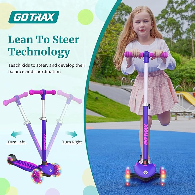 Gotrax KS1 Kids Kick Scooter, LED Lighted Wheels and 3 Adjustable Height Handlebars, Lean-to-Steer & Widen Anti-Slip Deck, 3 Wheel Scooter for Boys & Girls Ages 2-8 and up to 110 Lbs