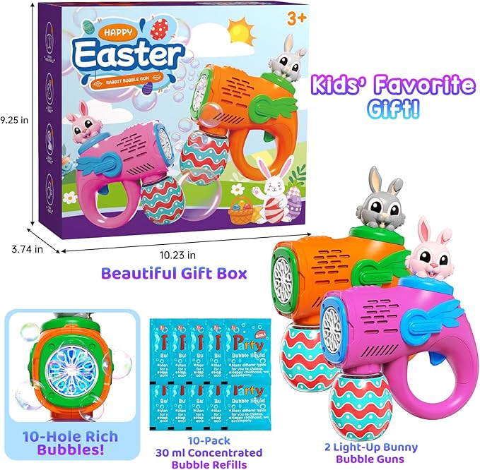 2 Rabbit Bubble Gun Toys - Light-Up Bunny Bubble Machine for Kids Toddlers with 10 Bubble Refill Packs, Fun Gifts for Kids Girls Boys Birthday Party Favors Summer Outdoor Play