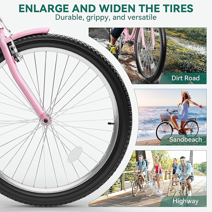 YITAHOME 24 & 26 Inch Beach Cruiser Bike, 7 Speed & Single Speed Commute Bike, Step-Through Bicycle for Adult Women & Men, Steel Frame Cruiser Bike with Full Front & Rear Fenders