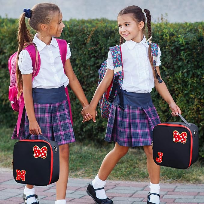 Preppy Initial Bow Mouse Lunch Bag, Kids Insulated Lunch Box Gifts for Teen Girls Daughter, Reusable Soft Lunch Containers Crossbody Cooler Bag Must Haves for Park Travel School Work Picnic Black N