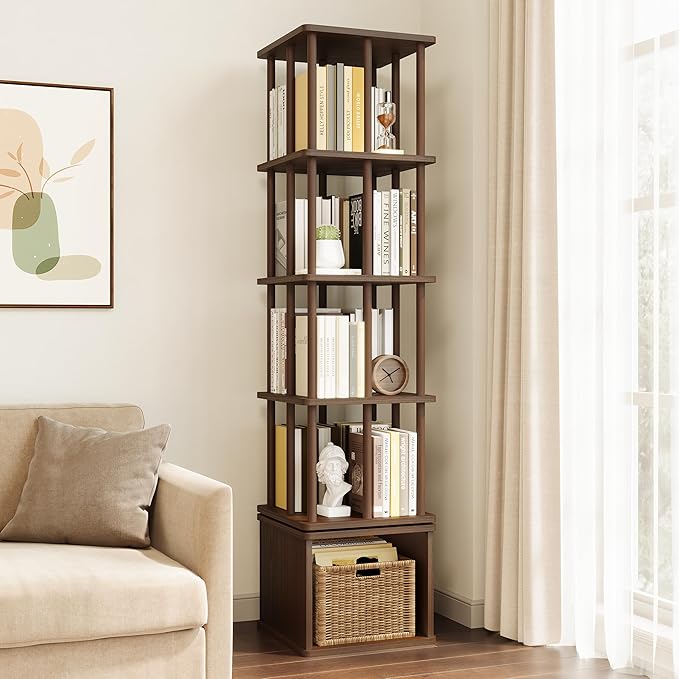 IOTXY 5-Tier Rotating Bookshelf Tower - Beech Wood Frame Spinning Bookcase with Storage Base, Tall Freestanding Revolving Shelf Organizer, Walnut