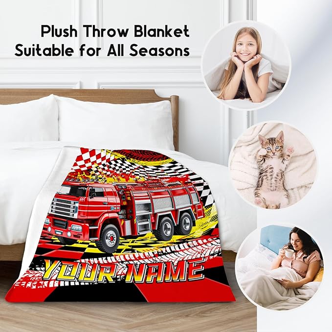 Boys Blanket, Fire Truck Blanket for Boys, Personalized Throw with Name, Custom Car Gifts for Kids, Warm Fleece Throw for Couch & Sofa, 30"x40"