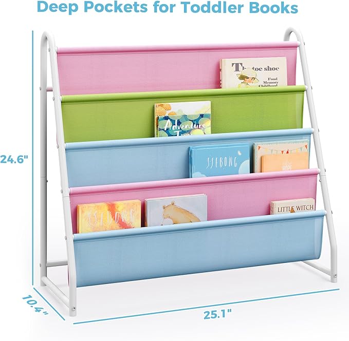 Tatub 4 Tier Kids Bookshelf for Kids Rooms, Metal Children Book Rack Montessori Bookshelf, Toddler Sling Bookrack Display for Nursery, Multicolor