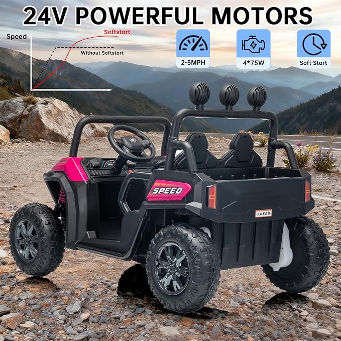 24V 2 Seater Kids Ride On Truck, 4WD Battery Powered Electric Car with Remote Control, Girls Tractor with 4x100W Powerful Motors, Bluetooth, Pink