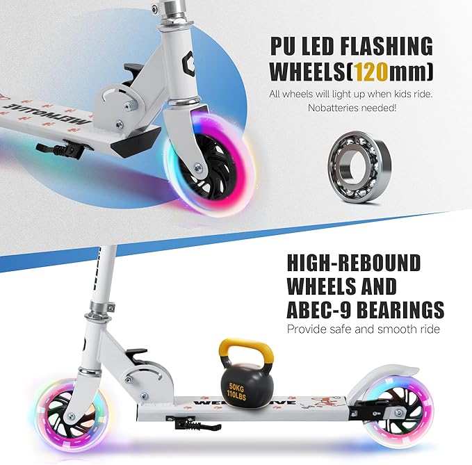 Kick Scooter for 3+Years Old Boys & Girls Lightweight, Foldable, Aluminum Frame, and Adjustable Handlebars, Rear Brake, and Flashing Light up Wheels