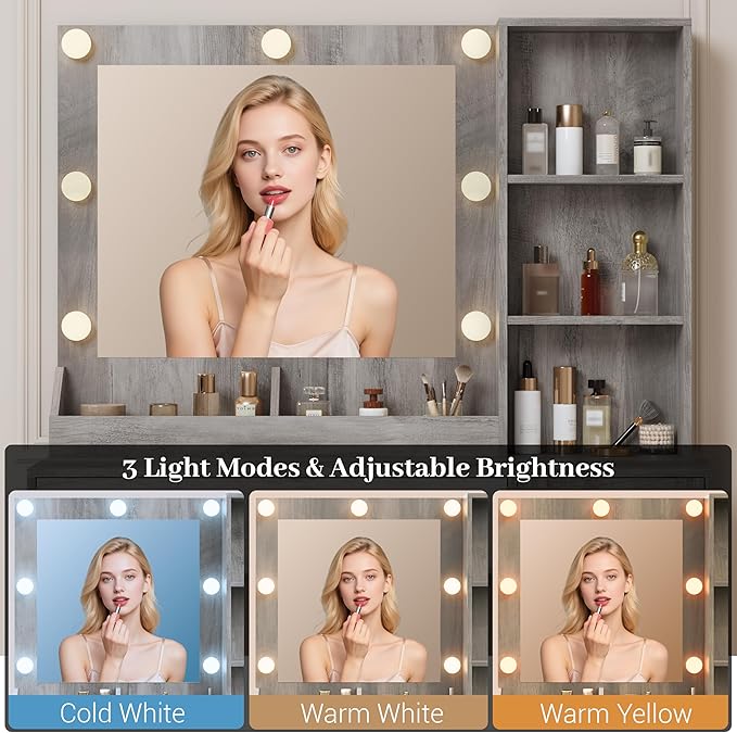 Makeup Vanity with Mirror and Lights & Power Outlet, 34'' Small Vanity Desk with Drawers and Storage Cabinet & Makeup Tray, Dressing Table for Girls Bedroom Dressing Room, Grey