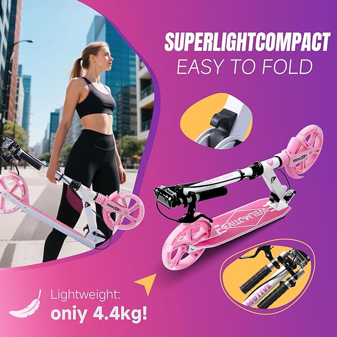 Kick Scooter for Kids Ages 8+ Teens & Adults, with Front handbrake and Rear Brake, and Adjustable Handlebars, Big Sturdy PU Flash Wheels Great Gift & Toy
