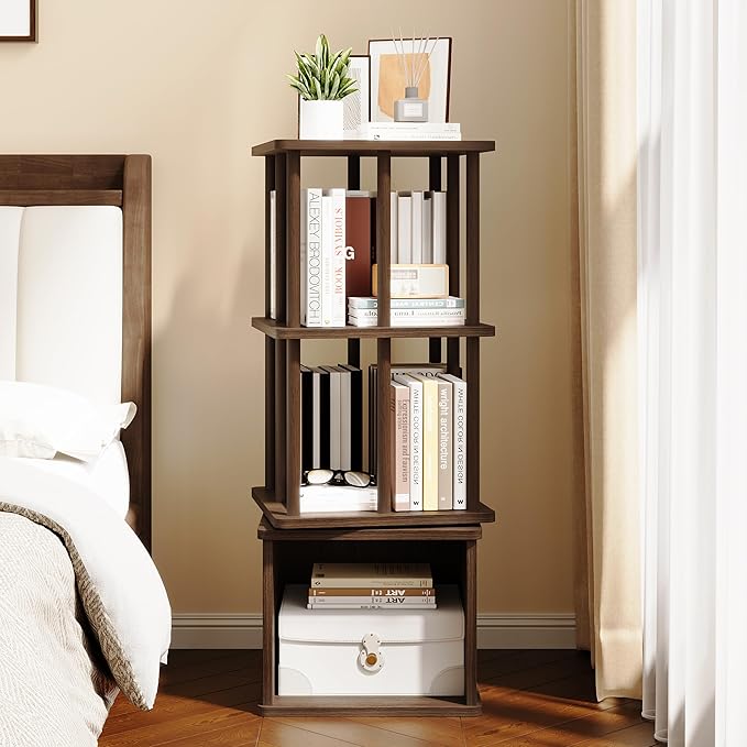 IOTXY 3-Tier Rotating Bookshelf Tower - Beech Wood Frame Spinning Bookcase with Storage Base, Compact Freestanding Revolving Shelf Organizer, Walnut