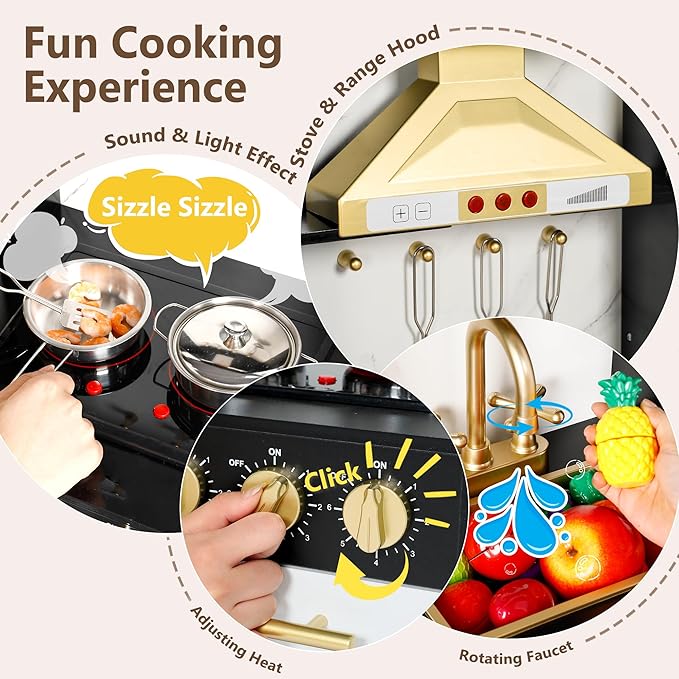 Kinder King Wooden Kids Play Kitchen, Toy Kitchen Playset for Toddler, Play Kitchen Set w/Real Sounds, Pretend Coffee Machine, Kitchen Hood, Sink, Ice Maker, Gift for Boys Girls Age 3+, Black