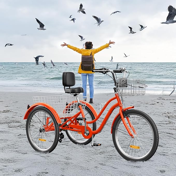 YITAHOME 24 & 26 Inch Adult Tricycle, 1 & 7 Speed 3 Wheel Bikes, Large Seat with Backrest Trike for Adults with Front & Rear Baskets, Cruiser Bike for Seniors Women Men Commute Picnic Outdoor