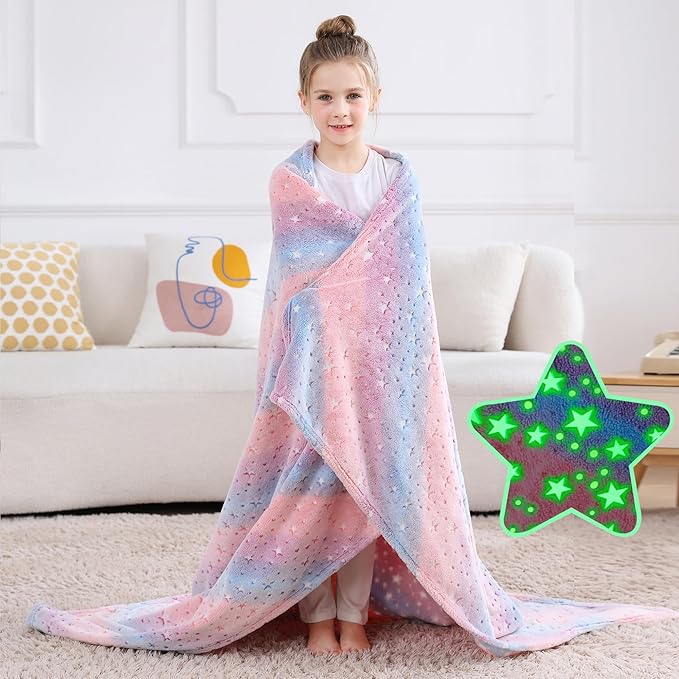 Softan Kids Stars Throw Blanket Glow in The Dark, Kids Blanket Gifts for Girls & Boys, Soft Cozy Flannel Luminous Stars Blanket for Sofa Couch Bed, Christmas Birthday Gift Toddler, 50x60IN