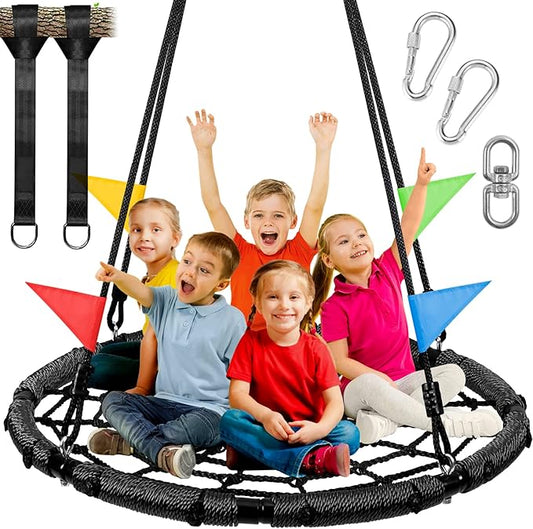 Odoland Spider Web Tree Swing for Kids and Adult, Outdoor Saucer Net Round Swing with Steel Frame and 2 Hanging Straps and Turnbuckle - 43in Large Platform for Backyard Park Travel