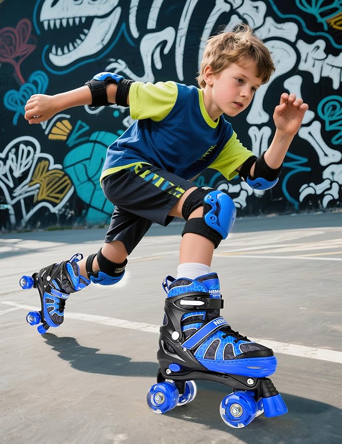 NEMONE Roller Skates for Boys Kids Ages 4-6 5-8 6-12 8-12 with 4 Sizes Adjustable Light up Wheels, Todder Beginner Rollerskates Indoor Outdoor Sports