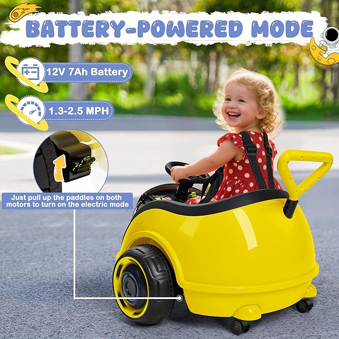ANPABO 3-in-1 Electric Push Ride On Car, 12V Kids Ride On Toy w/Remote Control, 360° Spin, LED Display, Colorful LED Light, 5-Point Safety Belt, Music Player, Push Car for Toddler Ages 1-3 (Yellow)