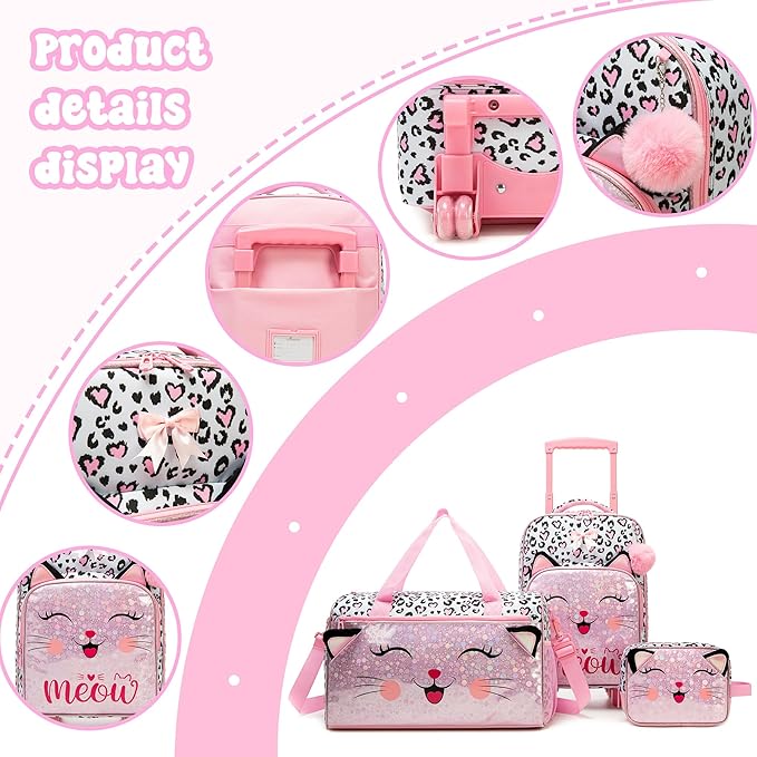 Girls Pink Cat Luggage with Wheels Suitcases Travel Softside Suitcases 16" Carry on Suitcase with Duffle Bag Luggage Sets Airline Approved
