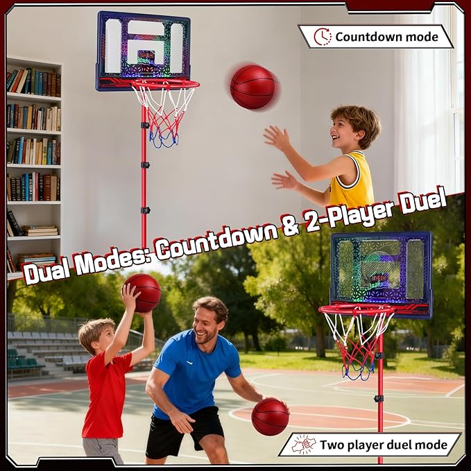 Basketball Hoop for Kids 3 4 5 6 7 8 Years Old, Electronic Basketball Goal with Adjustable Stand, 7 LED Lights & Scoreboard, Indoor Outdoor Sports Toy, Birthday for Kids Boys Ages 3-12