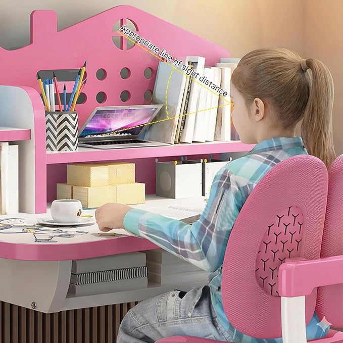 Kids Ergonomic Desk and Chair Set, Height Adjustable School Study Table with Bookshelf, Drawer and Spine Support Backrest, Kids Desk and Chair for Bedroom&Study Room (Pink)