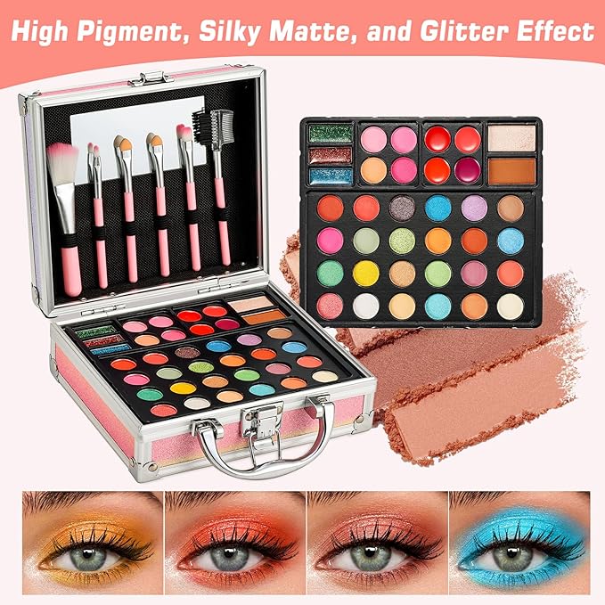 Anpro All-In-One Makeup Kit for Girls 10-12 with Case, Pro Teen Makeup Set, Tween Makeup Kit, Full Starter Make Up Kit with Brushes, Eyeshadow Palette, Blushes, Glitter Gel, Temporary Tattoo Stickers