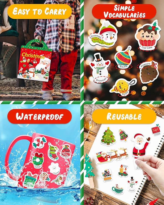 Benresive Reusable Sticker Book for Toddlers 2-4 Years, Fun Travel Stickers for Kids, Waterproof Sticker Books for Toddlers 1-3, Crafts Activities for Toddler 1-3 2-4 3-5 - Christmas