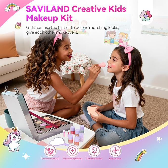 SAVILAND Kids Makeup Sets for Girls 5-8: All-in-1 Creative Makeup for Kids Real Washable Toddler Makeup Kit with Cosmetic Case Nail Polish Lipstick Blush Girls Birthday Christmas Gifts 28 PCS