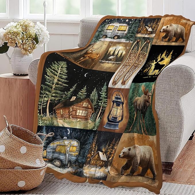 Camping Blanket Cabin Bear Deer Throw Blankets Gifts for Girls Boys Kids Camping Lover Soft Cozy Fleece Plush for Couch Sofa Bed 60"x50"