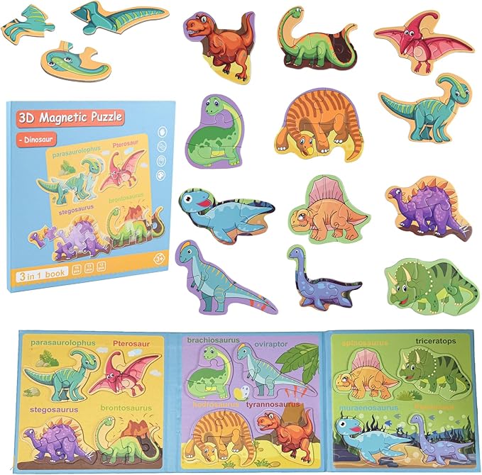 ASTARON 3D Magnetic Dinosaur Puzzle with 80 Puffy Stickers for Toddlers, Dino Magnets for Toddlers 1-3 Preschool Education Learning Travel Toys Car Plane Activities for Kids Road Trip Birthday Gifts