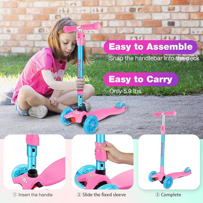 BELEEV Scooters for Kids 3 Wheel Kick Scooter for Toddlers Girls Boys, 4 Adjustable Height, Lean to Steer, Light up Wheels, Extra-Wide Deck, Easy to Assemble for Children Ages 3-12 (Rose Pink)