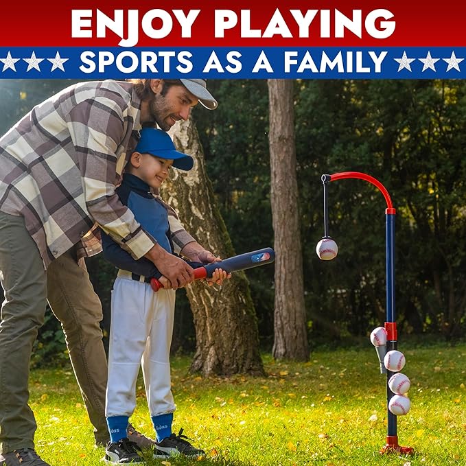 3-in-1 Baseball Set for Kids and Toddlers Ages 3-5 – Includes Tee Ball Stand, Hanging Tee, Automatic Ball Launcher, and 6 Softballs – Adjustable Height for Indoor/Outdoor Play – Sports Gift for Boys