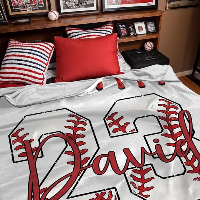 Personalized Baseball Blankets with Name Numbers, Custom Baseball Team Game Throw Flannel Blankets Stuff Gifts for Boys Sports Lover Fans Kids Adult