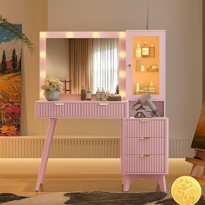 Makeup Vanity Desk with Mirror and Lights, 45" Fluted Wood Vanity Desk with Glass Top, 5 Drawers & RGB Glass Cabinet, Power Outlet, Mid Century Modern Dressing Table Set for Women Girls Bedroom