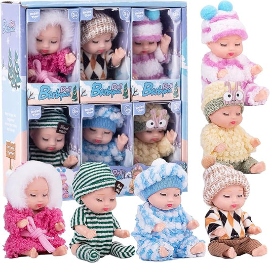 4 Inch Mini Baby Dolls 6pcs Gift Set Included Cute Small Baby Doll with Clothes Suitability Kids 3 and Up Birthday Christmas (Blue)