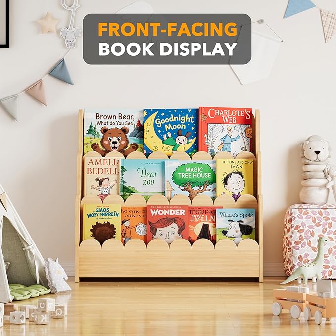 SpaceAid 3-Tier Scalloped Bookshelf, Montessori Bookcase for Toddlers, Wooden Book Shelf Organizer Display Furniture for Kids Rooms, Playroom, Nursery and Classroom, Natural