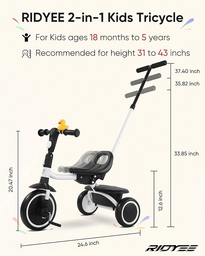 Tricycle for Toddlers 18 Months to 5 Years with Removable Push Handle, Tricycles for 3-5 Year Olds Ideal for On-The-Go Families, Adjustable Carry-Friendly Seat, White